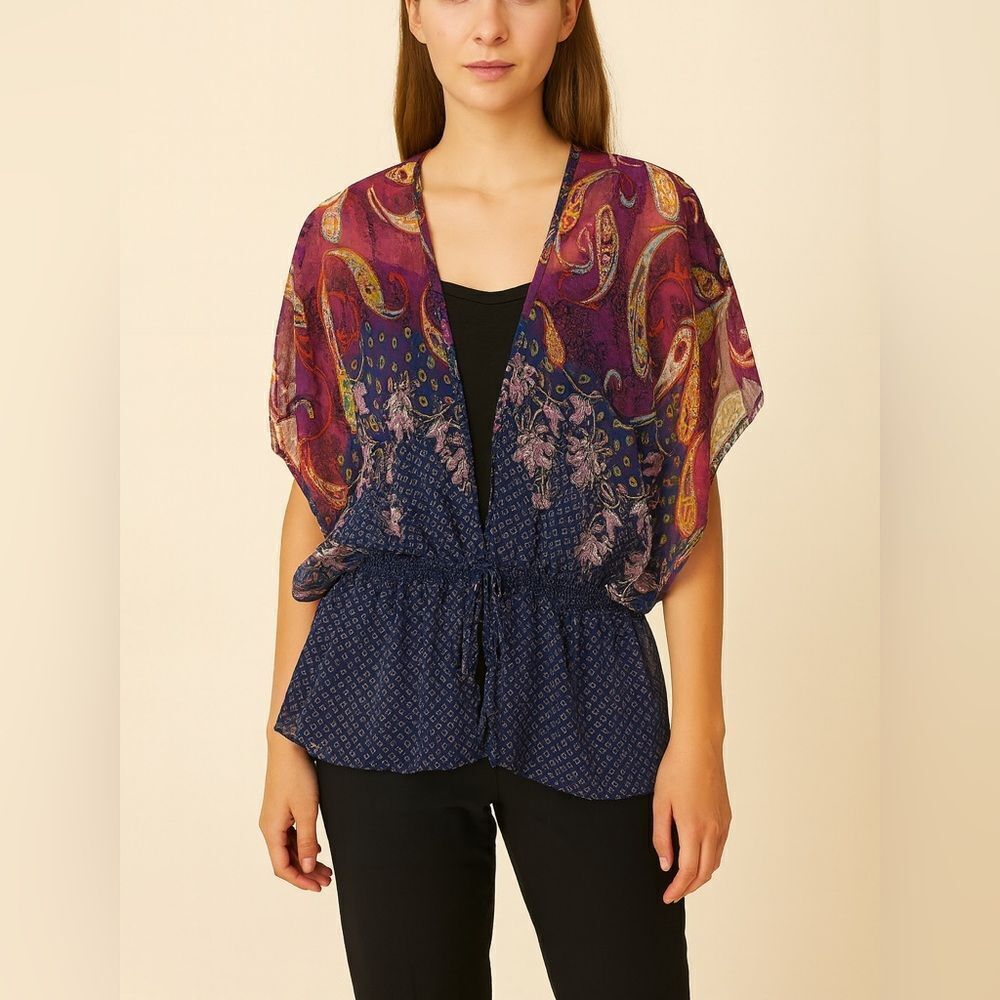 IXX 100% Silk Kimono Top Medium Paisley Floral Sheer Boho Made in USA